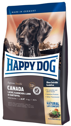 Happy Dog Supreme Sensible Canada berdasarkan ikan salmon, arnab, domba